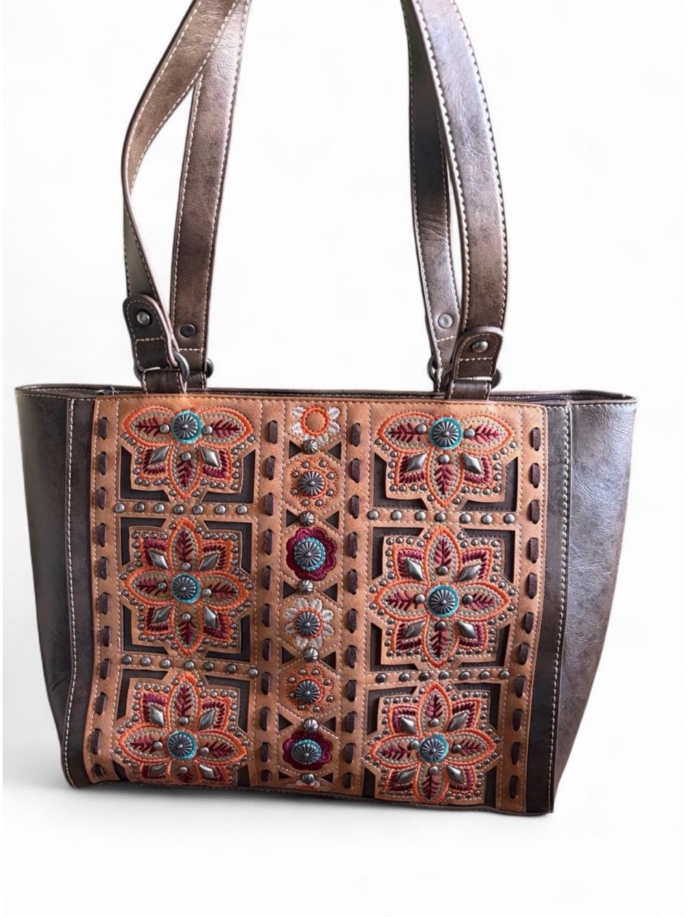 Montana West Brown Embroidered Floral Tote with Turquoise Accents